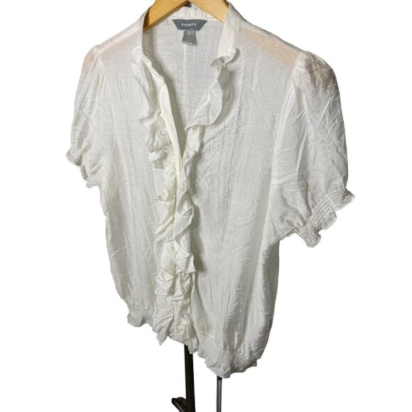 Vicinity White Puff Sleeve Ruffle Front Smocked Elastic Hem Blouse Top Sz LP - Picture 3 of 10